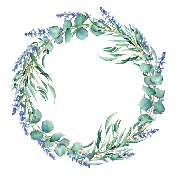 Aquarell Eukalyptus und Lavendelzweige Kranz, runder Rahmen isoliert auf weißem Hintergrund. Handgezeichnete botanische Illustration. Für Hochzeitseinladungen, speichern Sie das Datum, Grußkarte, Logos, Drucke - Foto, Bild