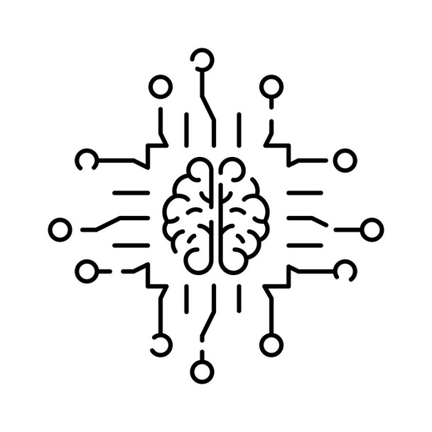 Deep learning AI lineair pictogram. Neuraal netwerk met tandwielen. Dunne lijn illustratie. Digitaal brein. Kunstmatige intelligentie symbool. Vector geïsoleerd. Cyber, humanoïde en chat. - Vector, afbeelding