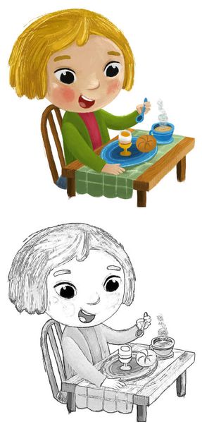 cartoon scene with girl little lady eating healthy breakfast illustration for kids - 写真・画像