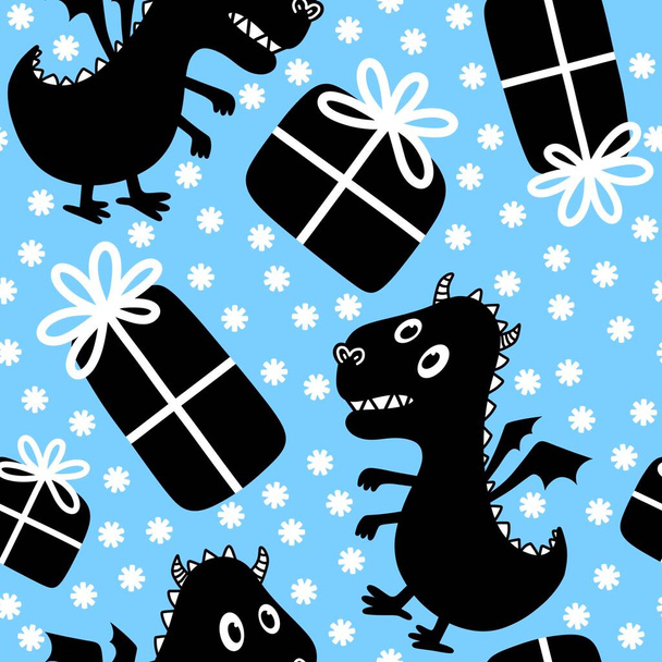 Mostri dinosauri dei cartoni animati modello drago senza soluzione di continuità per avvolgere la carta e la scatola regalo di Natale e la stampa di vestiti per bambini e l'imballaggio festivo e biancheria e tessuti. Illustrazione di alta qualità - Foto, immagini