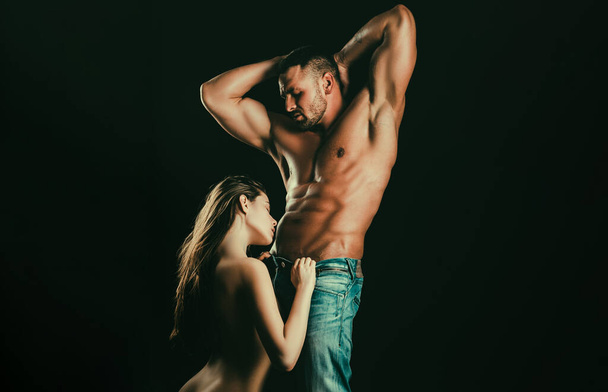Young sexy couple, passionate naked woman and man in underwear pants relax - Fotoğraf, Görsel
