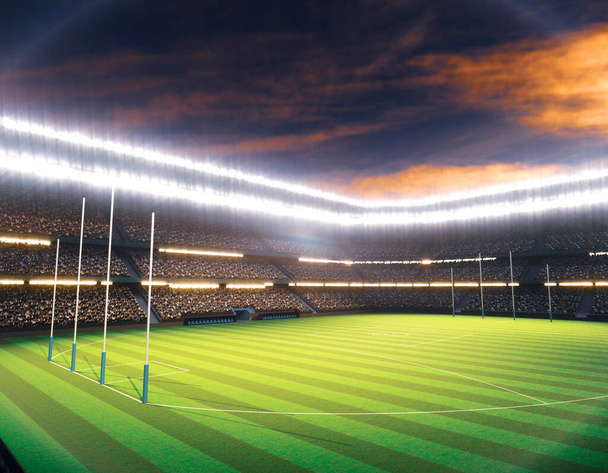Een aussie regels stadion met palen op een gemarkeerde groene grasveld 's nachts onder verlichte schijnwerpers - 3D render - Foto, afbeelding