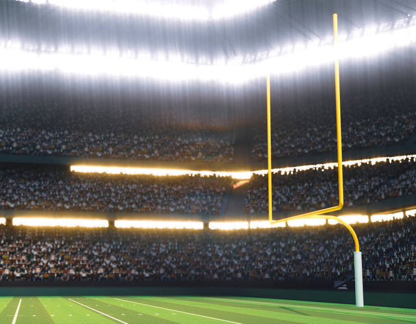 Un estadio de fútbol americano con postes en un campo de hierba verde marcado por la noche bajo reflectores iluminados - 3D render - Foto, Imagen