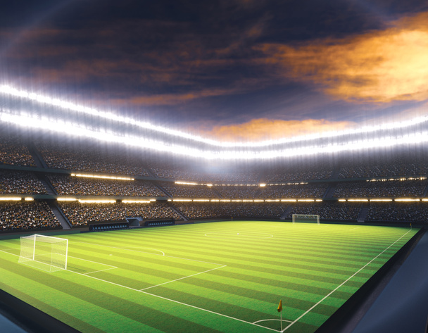 Футбольный стадион с голами на обозначенной зеленой траве под прожекторами в ночное время - 3D рендеринг - Фото, изображение