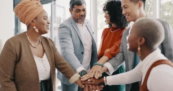 Teamwork, collaboration hands and applause of business people for support, trust and team building. Motivation, success and group of employees in huddle clapping in celebration of goals or targets - Filmmaterial, Video