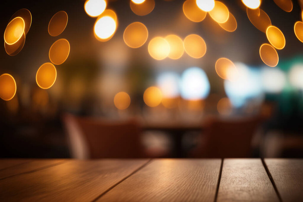 Empty wood table for product display in blur background of admirable restaurant at night - Photo, image