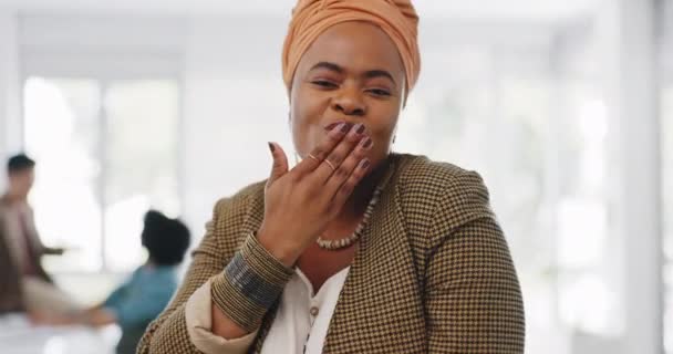 Black woman, face and blowing kiss in office for entrepreneur happiness, management motivation and positive mindset energy. African woman, hand kisses and happy creative designer smile in workplace. - Séquence, vidéo
