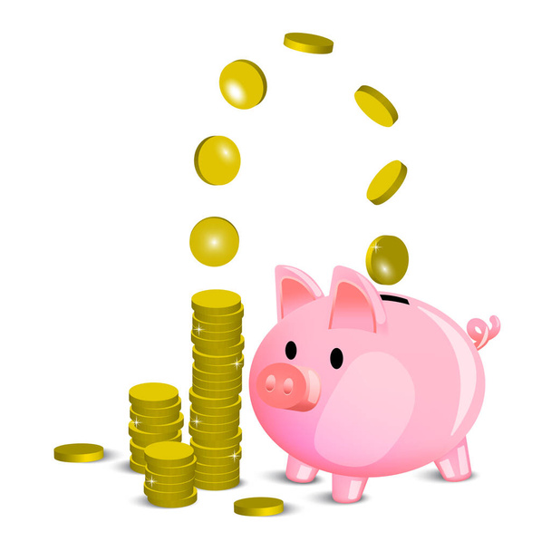 Cartoon roze spaarvarken bank munten. 3D geld munt. Bedrijfsconcept. Vector illustratie. EPS 10. - Vector, afbeelding