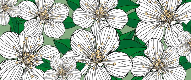 Colorida ilustración de verano con flores de cerezo blanco sobre un fondo verde para la decoración, cubiertas, fondos de escritorio, papel pintado, tarjetas - Vector, Imagen