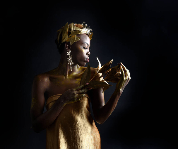  fantasie portret van mooie Afrikaanse vrouw model met afro, godin zijden gewaden en sierlijke bloemen krans kroon. Doen alsof je gouden bloemen vasthoudt. geïsoleerd op donkere studio achtergrond  - Foto, afbeelding