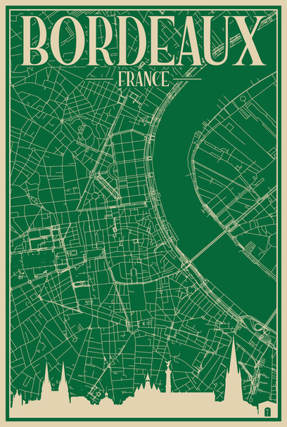 Zielony ręcznie rysowane ramki plakat centrum BORDEAUX, FRANCJA z podkreślonym vintage panoramy miasta i liternictwa - Wektor, obraz
