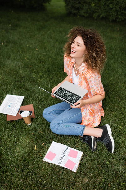 high angle view of cheerful freelancer woman holding laptop while sitting on lawn and working remotely in park  - Fotó, kép