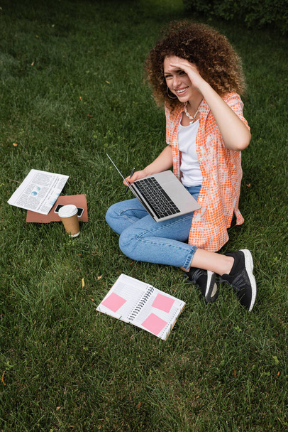 high angle view of cheerful freelancer woman holding laptop while sitting on lawn in park  - Foto, Bild