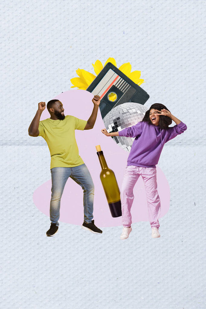 Vertical collage portrait of two mini carefree people chilling dancing wine bottle tape recorder cassette disco ball flower. - Foto, Imagem