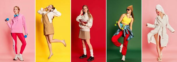 Štěstí, klid, zasněnost. Koláž z portrétů emocionální mladé dívky v různých módních oděvech přes barevné pozadí. Pojem štěstí, pozitivní emoce, vzdělání, sport - Fotografie, Obrázek