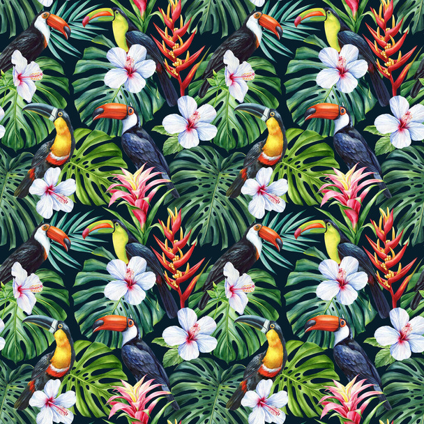 Tropical leaves, flower and toucan, jungle seamless pattern, watercolor illustration, flora background, trendy colors. High quality illustration - Photo, Image
