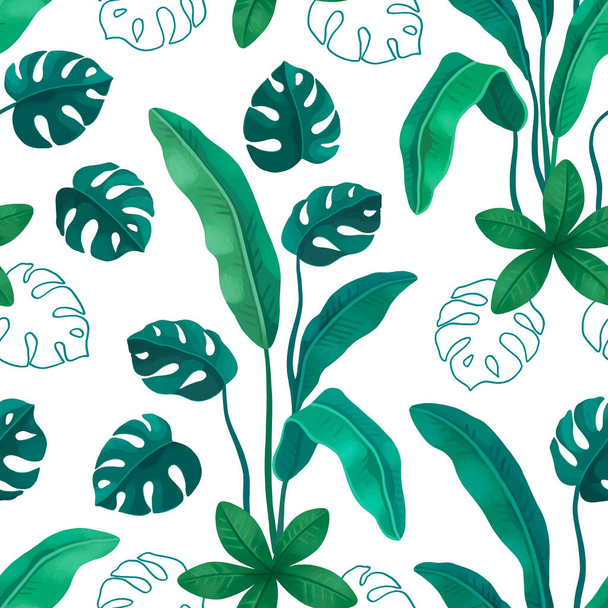 Hand painted illustration of Tropical leaves. Seamless pattern design. Perfect for prints, fabrics, wallpapers, apparel, home textile, packaging design and other goods - Foto, Bild