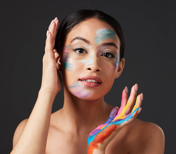 Beauty, art and face paint, portrait of woman with creative makeup and self expression. Skincare, creativity and color in artistic cosmetics, aesthetic and freedom to express for young beautiful girl. - Fotoğraf, Görsel