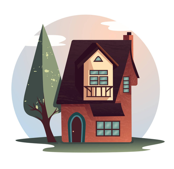 Семейный дом с деревом, жилой частной собственностью и городской архитектурой. Фасад дома с дверями и окнами. Первый вариант. Векторная иллюстрация - Вектор,изображение