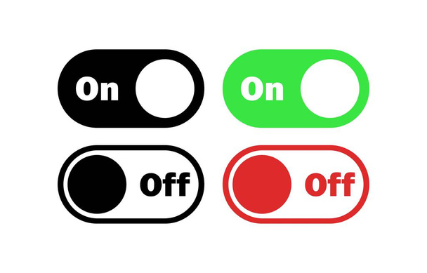 Bottoni per accendere e spegnere. Slider piatti, neri, verdi, rossi, accesi e spenti. Set di icone vettoriali - Vettoriali, immagini