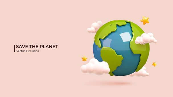 3D Global Warming and Climate Change Concept. Conception 3D réaliste de Planète Terre avec des nuages et des étoiles autour dans le style de dessin animé minimal. Illustration vectorielle - Vecteur, image
