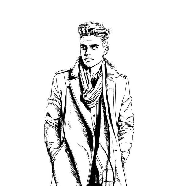 Stylish handsome man in fashion clothes. Fashion man. Hand drawn male model. Sketch. Vector illustration.  - Вектор,изображение