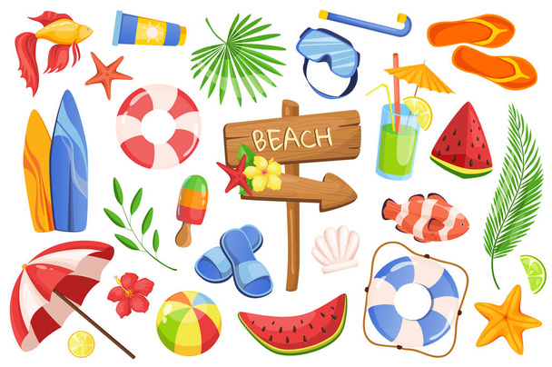 Letní čas nastavuje grafické prvky v plochém designu. Svazek ukazovátka pláže, tropický list, květiny, opalovací krém, hvězdice, záchranná bóje, zmrzlina, surfovací prkno a další. Izolované objekty vektorové ilustrace - Vektor, obrázek