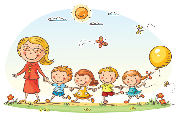 Cartoon kinderen en hun leraar buitenshuis - Vector, afbeelding