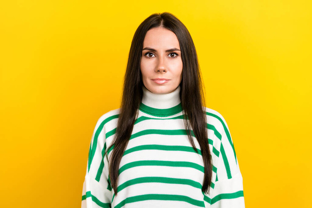 Photo of adorable confident woman wear striped sweater smiling isolated yellow color background. - Φωτογραφία, εικόνα
