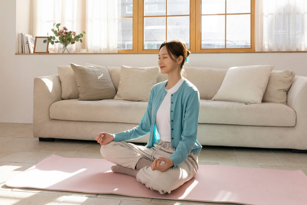 happy single life of korean woman, meditation - Photo, image