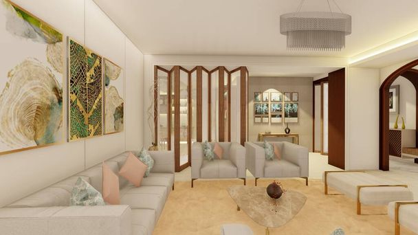 Moderní obývací pokoj interiér scéna 3D vykreslování - Fotografie, Obrázek