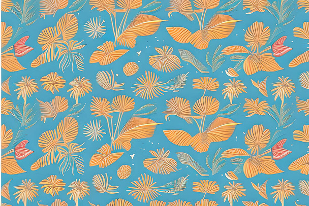 Abstract orange leaves seamless pattern on blue background. Leaf clip texture and pattern. - Vektor, kép