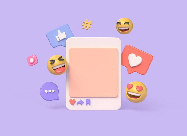 3d photo frame, emojis, chat, thumbs up and heart icon in cartoon style. social media digital marketing concept. illustration isolated on purple background. 3d rendering - Photo, Image