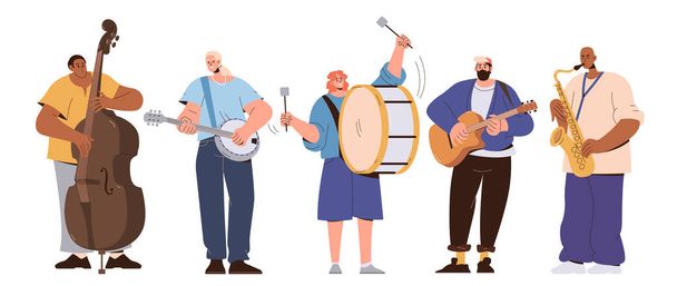 Street musicians cartoon characters concert. Music artist band performance. Diverse multiracial people group playing melody on banjo, double bass, drum, guitar and saxophone vector illustration - Vector, Image