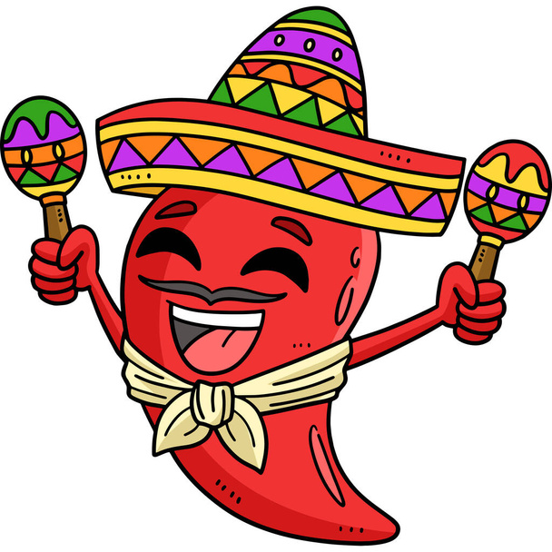 Dieser Cartoon-Clip zeigt einen Cinco de Mayo Jalapeno mit einer Sombrero-Illustration. - Vektor, Bild