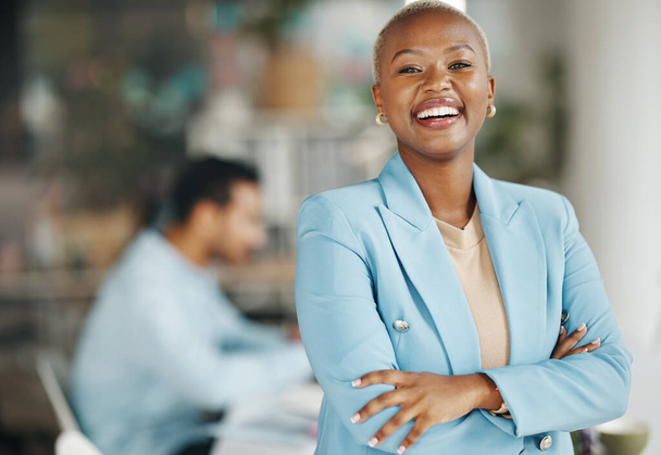 Happy, laughing and portrait of black woman in office for leadership, management and development. Positive, inspiration and mission with female employee for growth, motivation and empowerment. - 写真・画像
