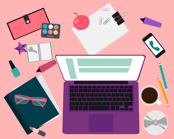 Ženy na pracovišti. Stůl s notebooku a kancelářské potřeby. Vektorové ilustrace - Vektor, obrázek