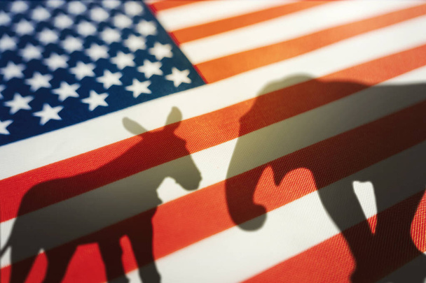 Demokraták vs republikánusok egy ideológiai párbaj az amerikai zászló. Az amerikai politikában az amerikai pártokat vagy a demokrata szamár, vagy a republikánus elefánt képviseli. állat árnyékok a zászlón - Fotó, kép
