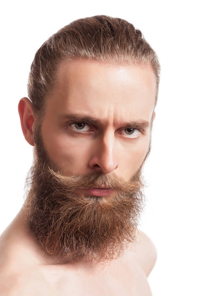 Bearded hipster looking at camera isolated on white background in studio photo. Cool stylish caucasian hipster - Foto, Imagen