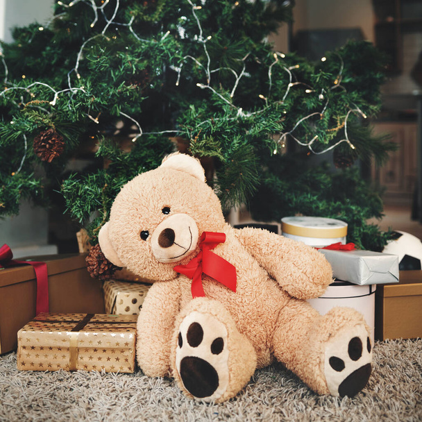 Christmas, gift and festive with a teddy bear by a tree, ready for celebration during the holiday season. December, event and a stuffed animal sitting in the living room of an apartment as a present. - Foto, Imagem