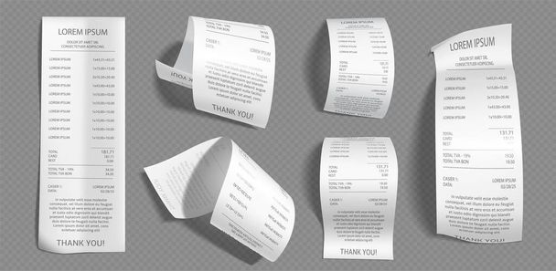 Paper bill receipt from supermarket. Isolated vector shop check after payment in restaurant. Realistic ticket or voucher mockup. Bank atm print cheque set financial illsutartion. Checkout in cafe. - Vector, afbeelding
