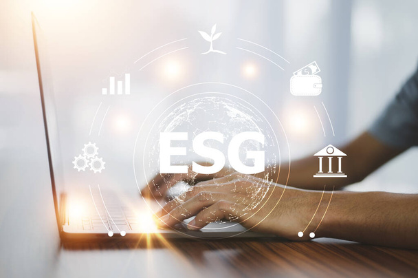 ESG koncept, Man ESG icon for Environment Social and Governance, World sustainable environment concept. - Fotografie, Obrázek