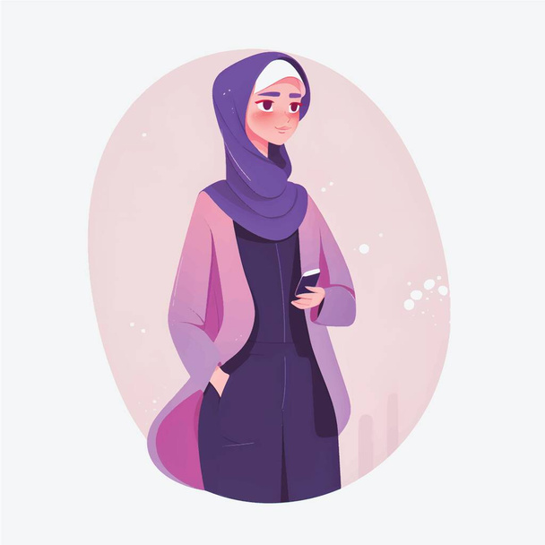 Hijab girl Ilustraciones: Estilo plano de dibujos animados que representa mujeres con clase vestidas modestamente - Vector, imagen