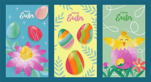 halmaz három bannerek húsvét napján akvarell elemek tojás, virágok, ágak és csirke. Vektorillusztráció - Vektor, kép