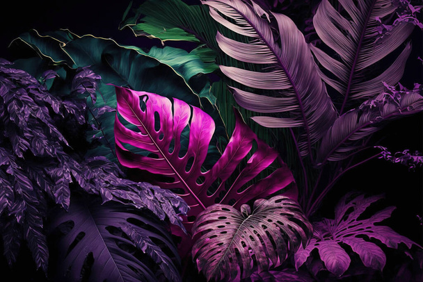 Lush tropical leaves, dark background - Foto, Imagen