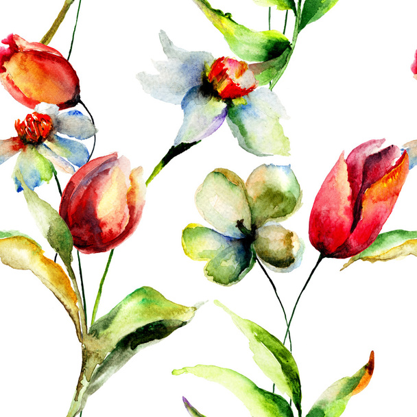 Seamless pattern with Tulips and Narcissus flowers - Foto, immagini