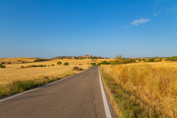 Rural road in the Spanish countryside among agricultural fields, after wheat harvest season. Navarra, Spain - Photo, image