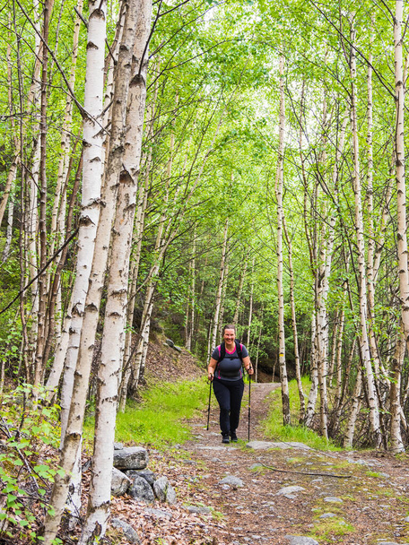 A woman enjoys the tranquil beauty of nature in a Norwegian woodland, walking along a trail lined with birch trees. She is surrounded by lush green growth and radiates peace and contentment. - Fotografie, Obrázek