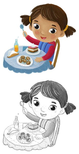 cartoon scene with girl eating tasty dessert illustration for children - Fotografie, Obrázek