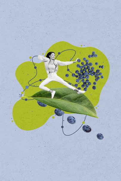Vertical collage picture of excited sporty mini black white gamma girl big green leaf fight fresh blueberries isolated on drawing background. - Foto, imagen
